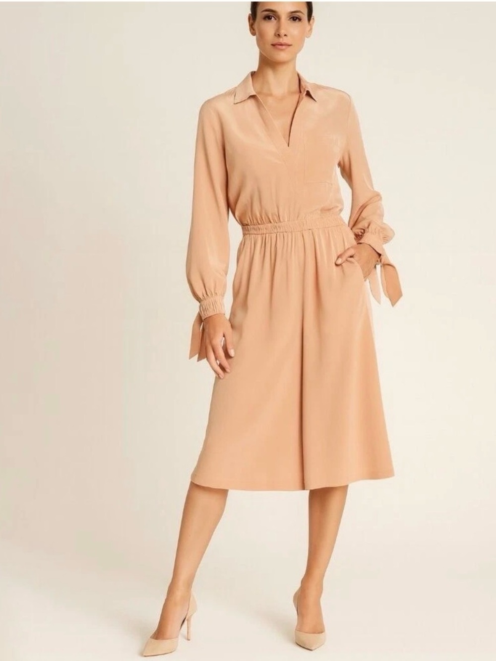 Vince 100% Silk Blush Pink Midi Dress Open Back Long Sleeve Size Small